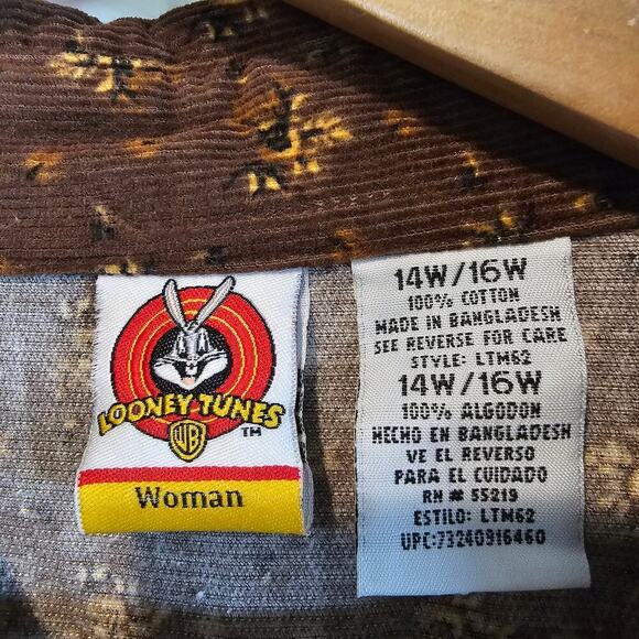 Vtg Looney Toons Tweety Bird Corduroy Blouse Womens 14W/16W Brown Floral 90s - Picture 9 of 9